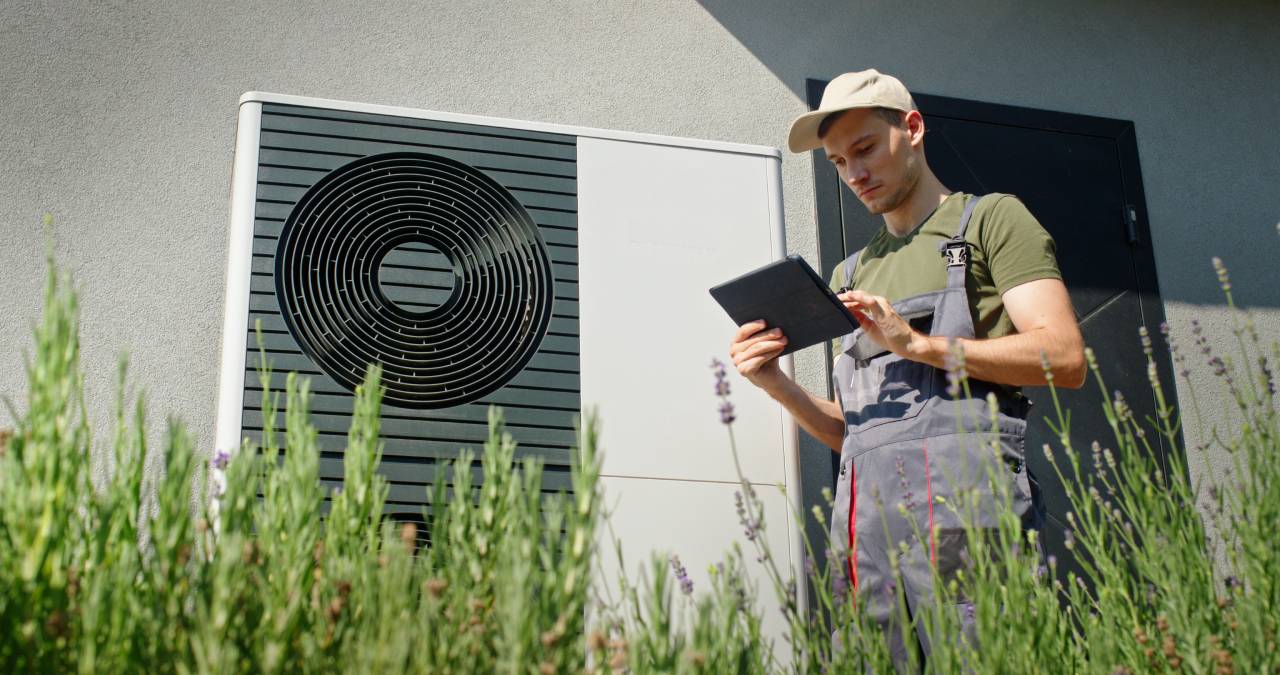 Technician in overalls checks a tablet while standing beside an outdoor air conditioning unit.