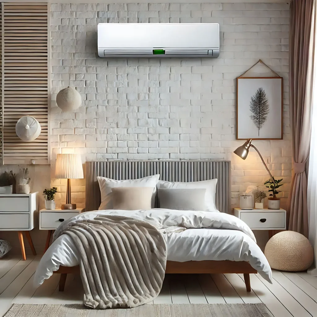 Modern bedroom with a white bed, decorative pillows, and an air conditioning unit on the wall.