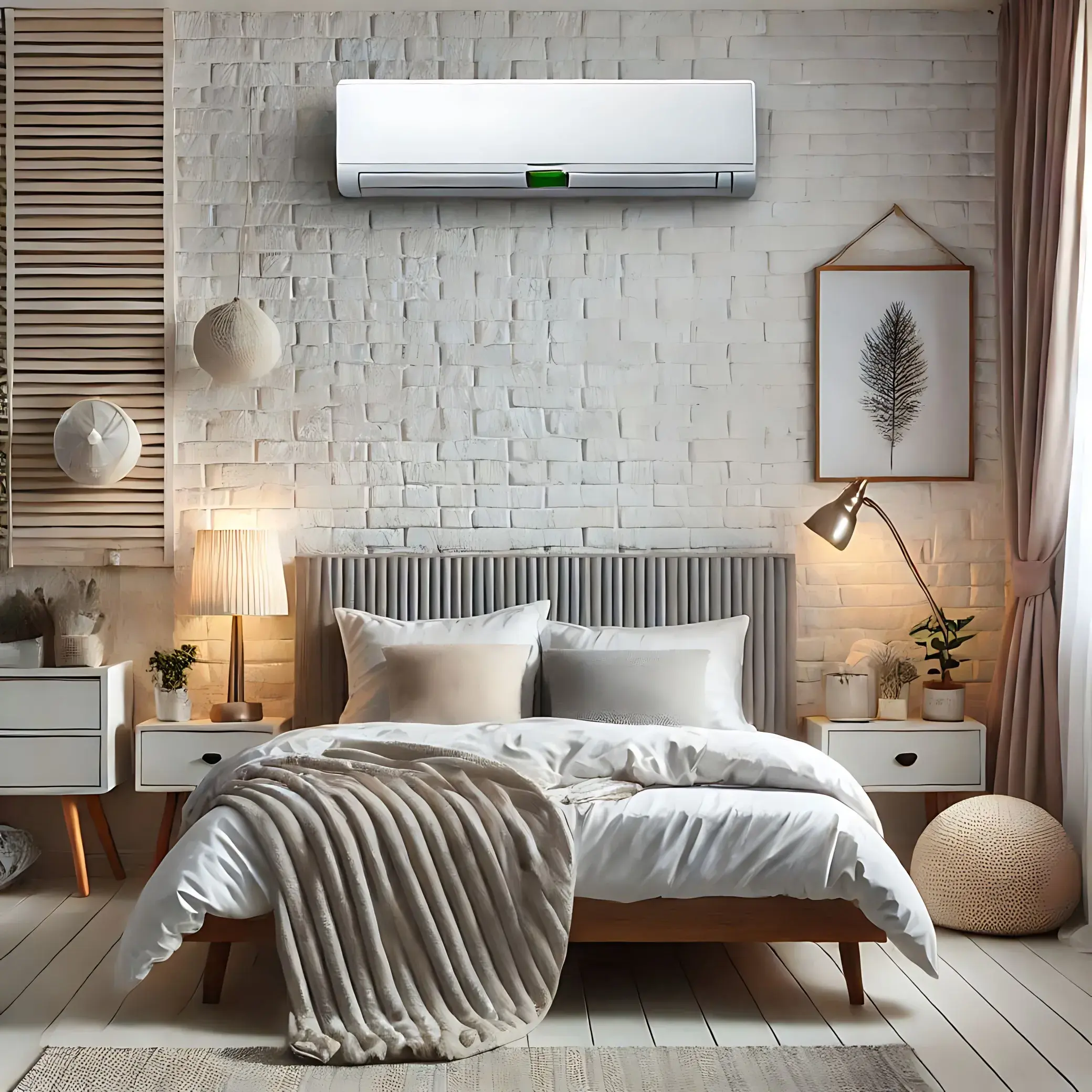 Modern bedroom with a white bed, decorative pillows, and an air conditioning unit on the wall.