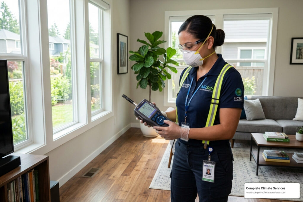 indoor environmental professional conducting air quality test in modern home - indoor environmental professional