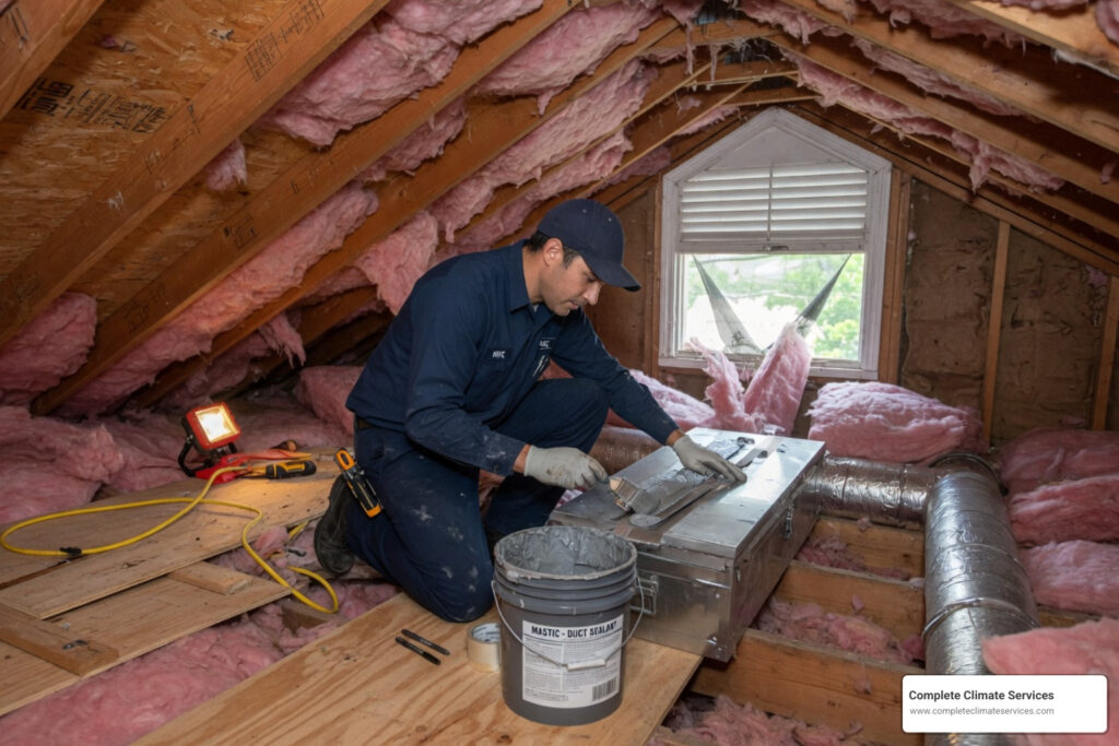 residential duct repair technician inspecting ductwork - residential duct repair