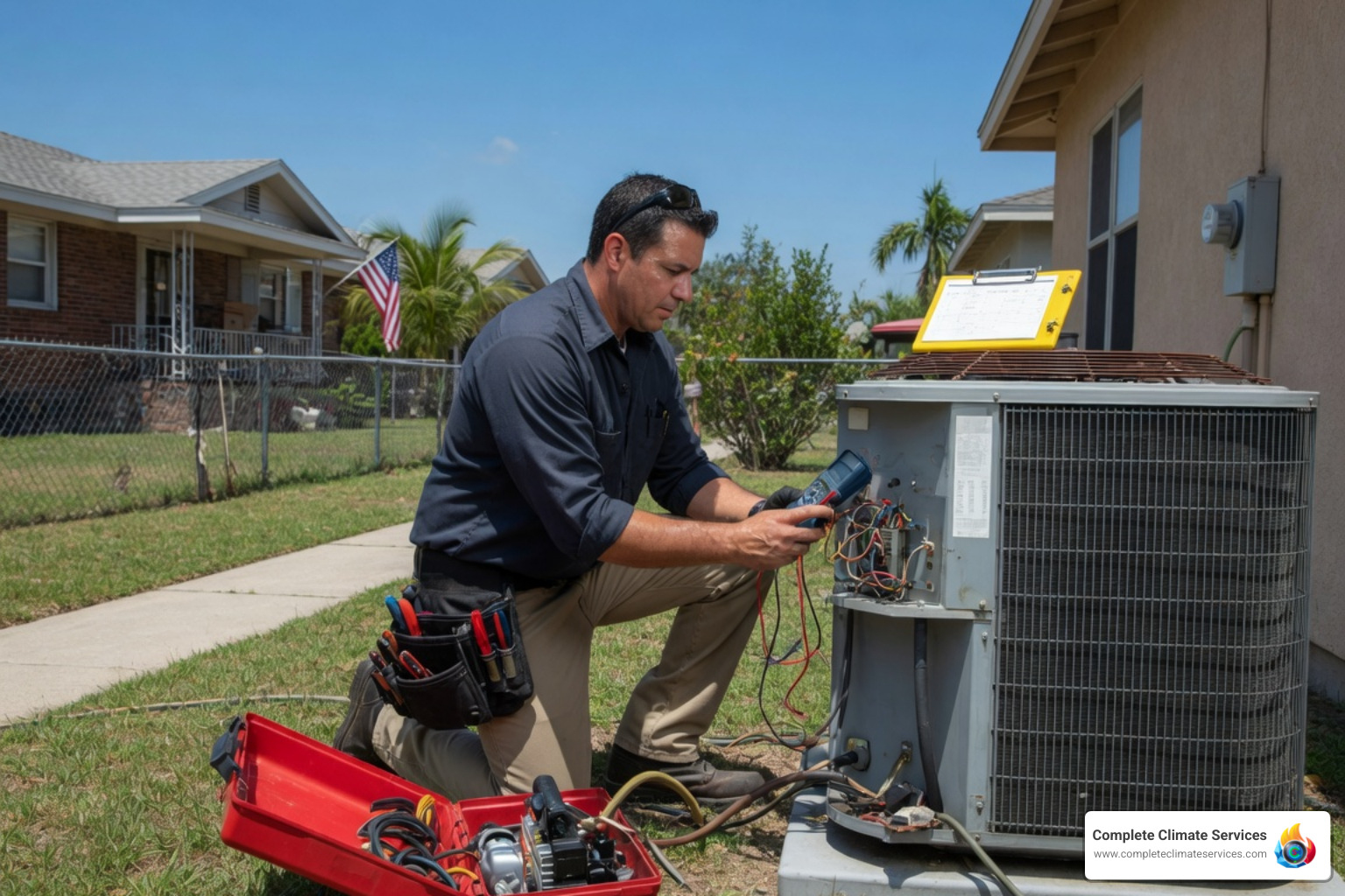 AC repair and electrical inspection technician inspecting outdoor AC unit in summer heat