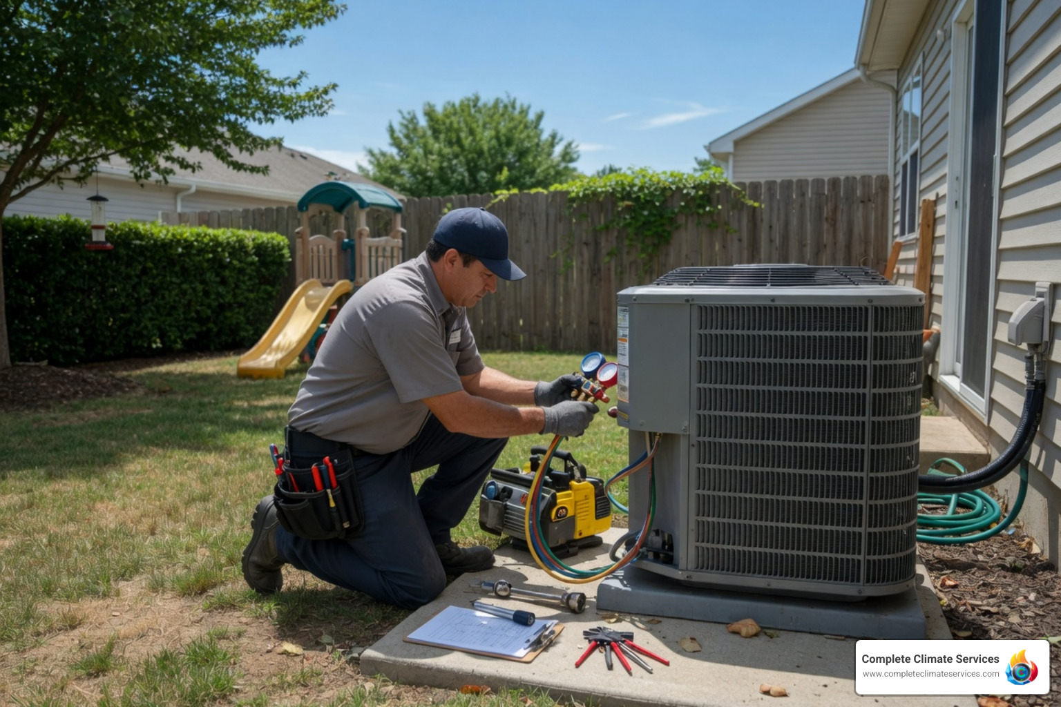 ac servicing and repairing technician working on outdoor unit in summer heat