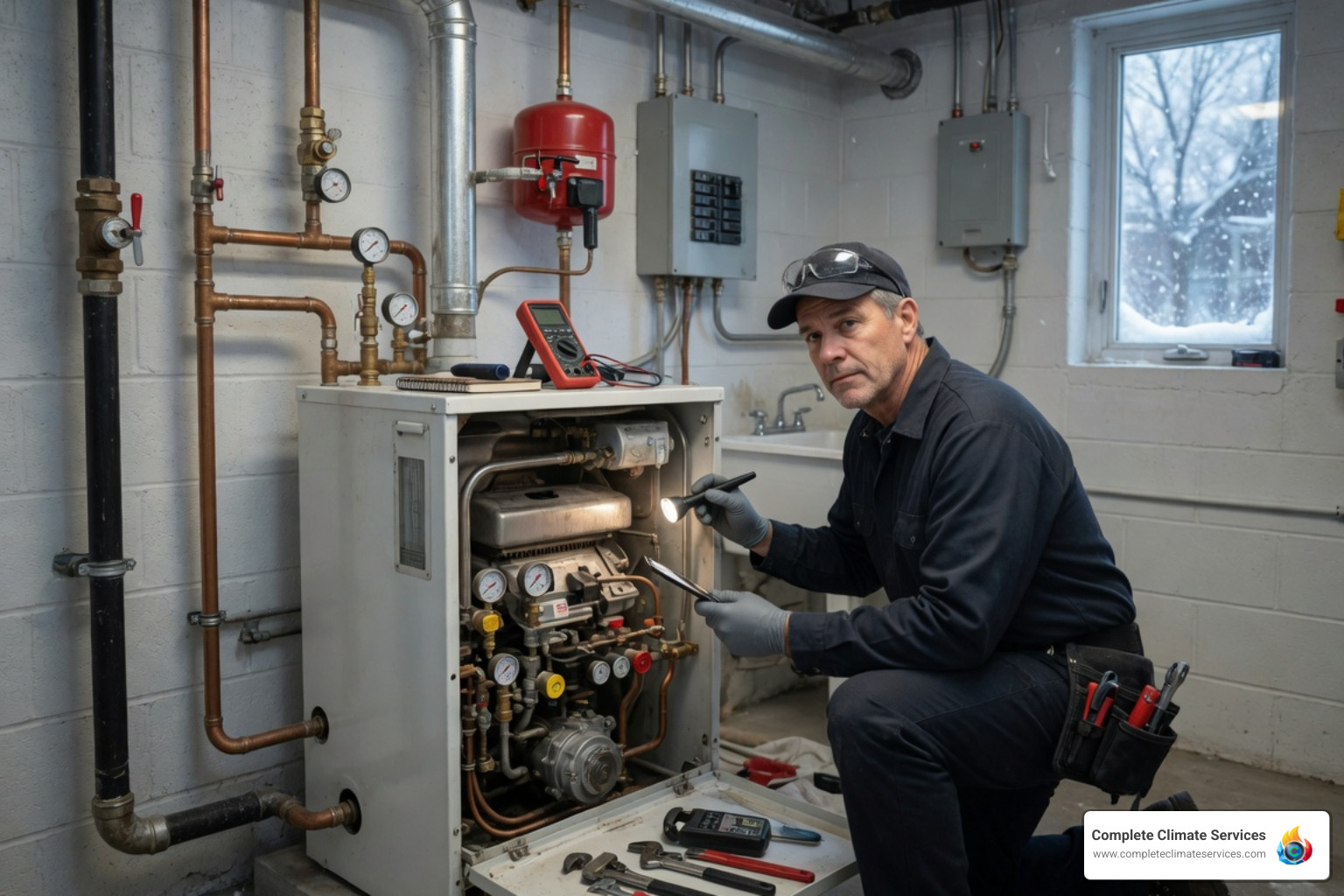 boiler services technician inspecting home boiler
