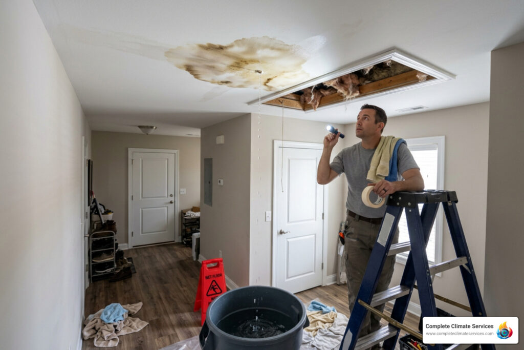 AC condensate drain water damage ceiling emergency repair