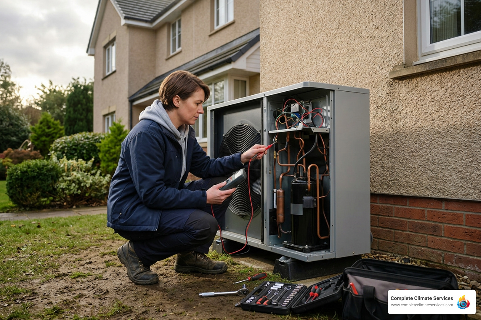HVAC technician inspecting a residential heat pump for repair
