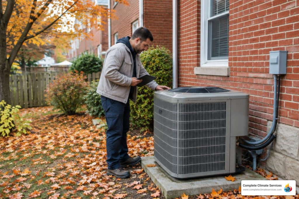 Technician inspecting a heat pump outdoor unit at a Baltimore home in the fall before winter