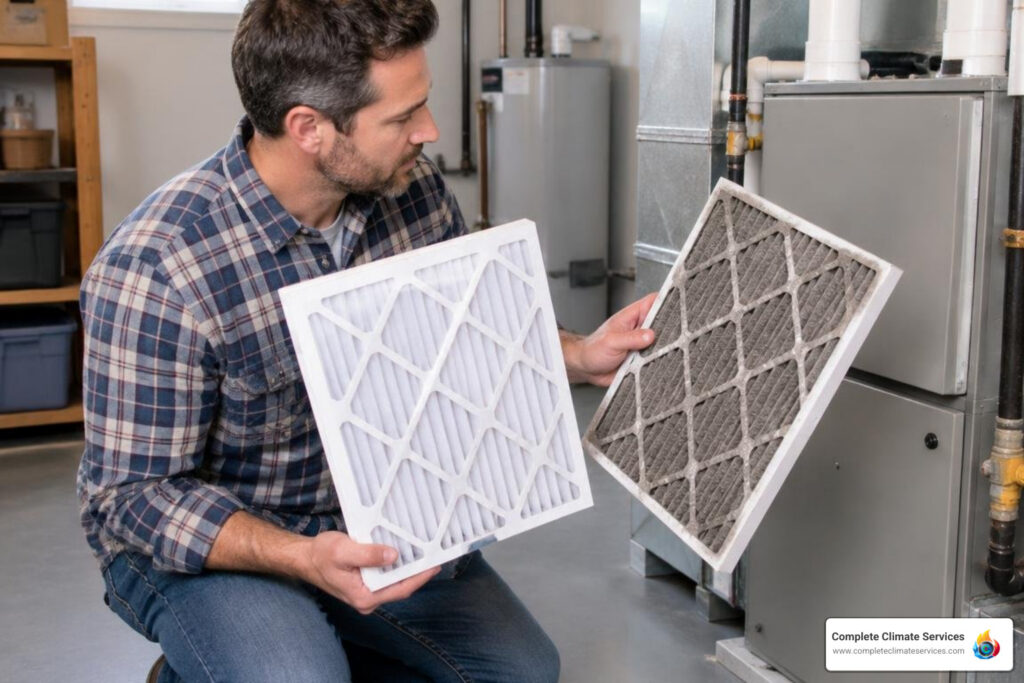 homeowner inspecting furnace filter